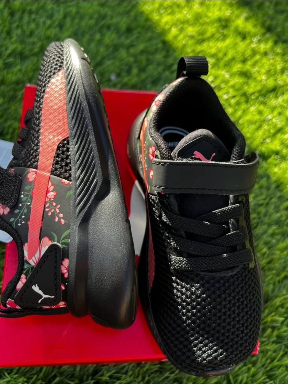 Puma Kids Black Sneakers with Pink Floral Accents